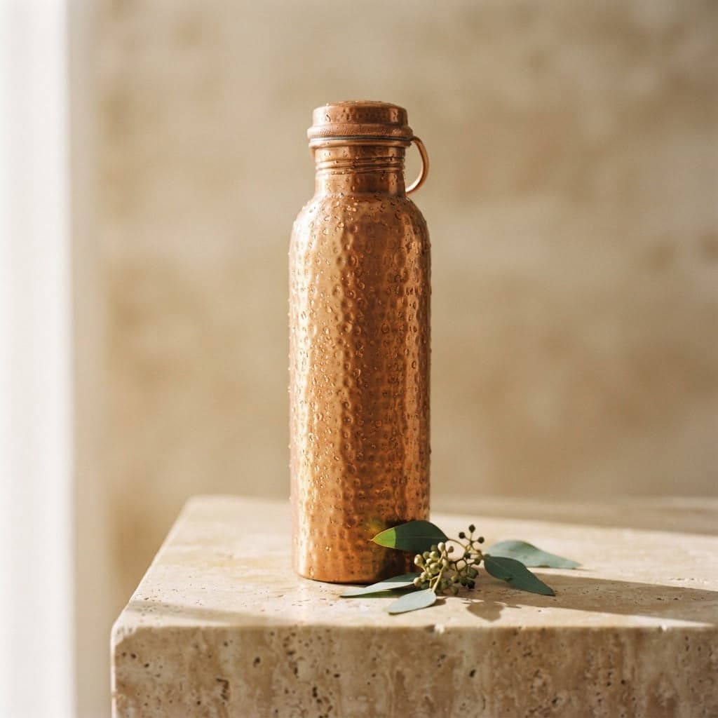 Handcrafted hammered copper water bottle on a travertine stone pedestal in warm sunlight